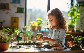 A young child plants seeds in soil on a desk.