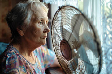 A woman sits in front of a fan.